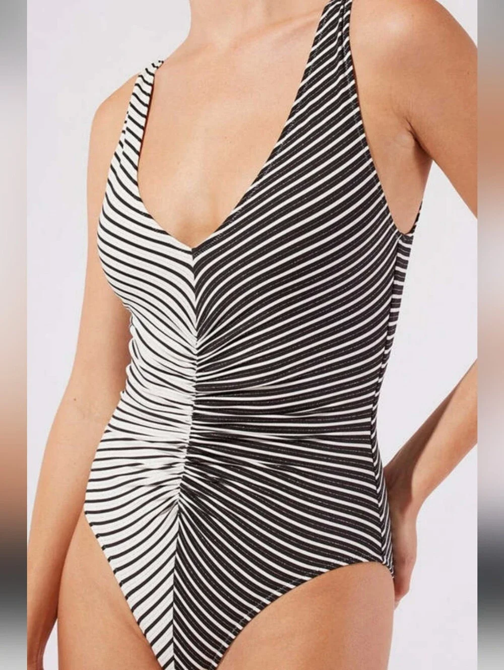 Solid & Striped 1 Pieced Black White & Silver Striped Ruched Swimsuit, S